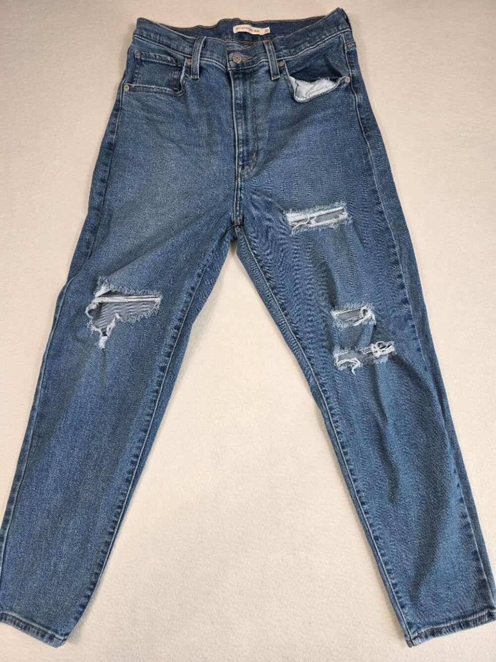 Levis 30 High Waisted Mom Jeans Distressed Medium Wash Denim